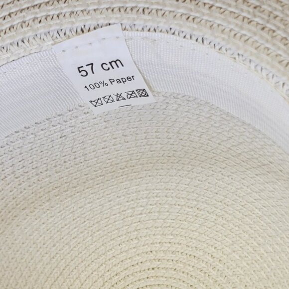 WHITE Paper Straw Hat Blue Trim Floral Embellish Wide Brim Sun Beach Hat - Picture 13 of 13